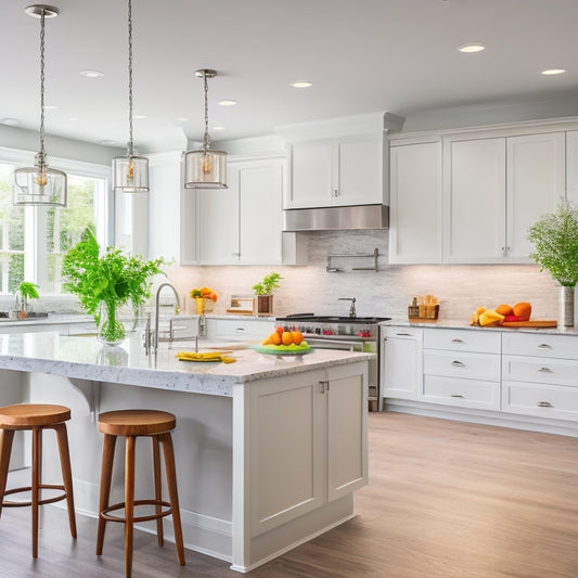 A bright, modern kitchen with sleek white cabinets, quartz countertops, and stainless steel appliances, featuring a large island with a built-in cooktop and pendant lights above.