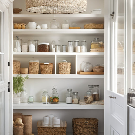 A bright and airy pantry with sleek white shelves, filled with neatly arranged glass jars, woven baskets, and a few strategically placed cookbooks, illuminated by a single pendant light.