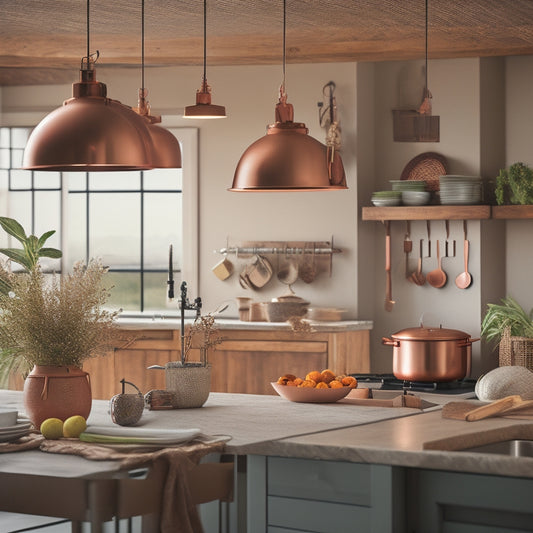 A stylish open-concept kitchen featuring a rustic wooden hanging pot rack adorned with gleaming copper pots, suspended above a vibrant island, surrounded by modern appliances and warm, inviting lighting.