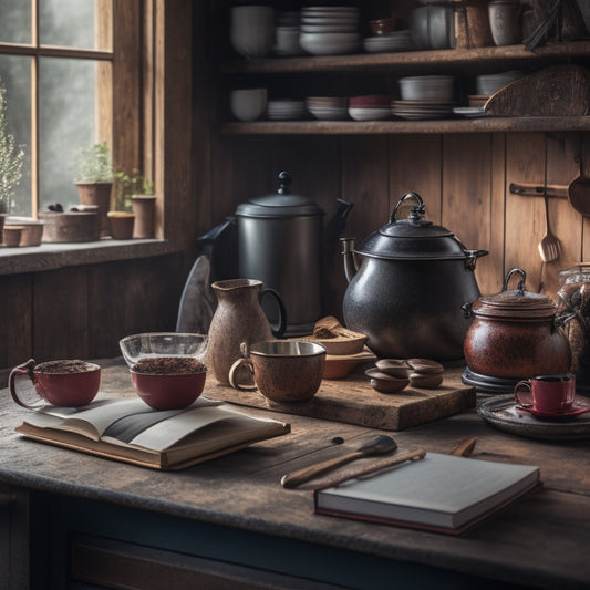 A cozy kitchen with a wooden table, surrounded by stacked recipe books with worn covers, a few lying open, and a wooden cookbook stand in the center, next to a steaming cup of coffee.