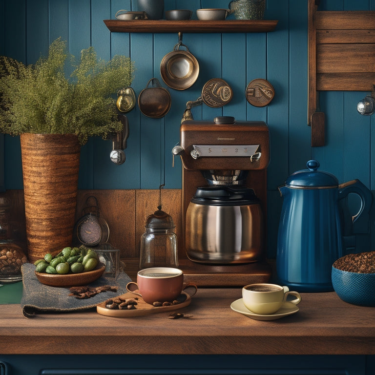 A cozy kitchen corner featuring a rustic wooden wall-mounted rack holding an array of colorful coffee mugs, stylish coffee canisters, and a sleek espresso machine, adorned with fresh herbs and a vintage coffee grinder.