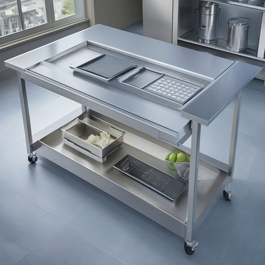 A stainless steel table with a compact design, featuring built-in trays, adjustable dividers, and a recessed area for a scale, surrounded by a clean and organized workspace with minimal clutter.