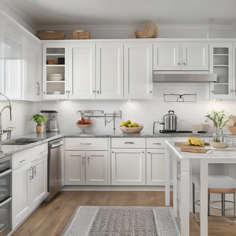 A U-shaped kitchen with sleek, white cabinets, gleaming countertops, and a central island, showcasing a pegboard on the back of a door, a utensil organizer, and a pull-out trash can.