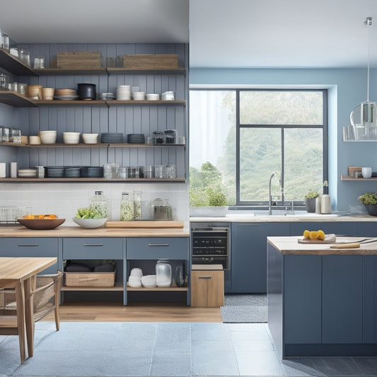 A sleek, modern kitchen featuring open shelving with neatly arranged jars, a stylish pull-out pantry, a multifunctional island with hidden compartments, and a magnetic knife strip, all harmonizing in a bright, airy space.