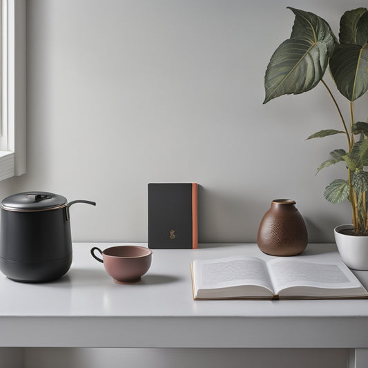 A serene, minimalist kitchen with a few, carefully-placed items: a sleek laptop, a small potted plant, and a single, leather-bound journal, surrounded by ample negative space.