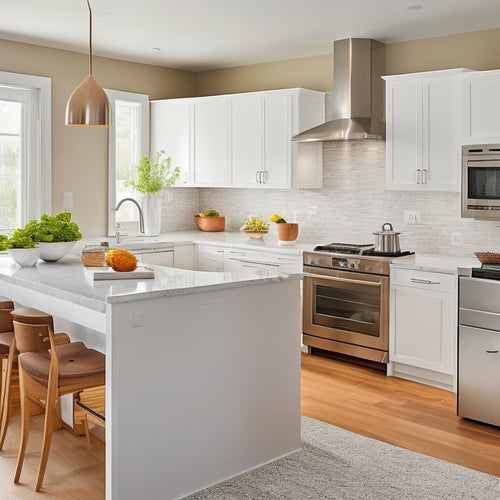 A bright, modern kitchen with sleek white cabinets, stainless steel appliances, and warm wood accents, showcasing a curved island with built-in sink and cooktop, amidst a narrow, galley-style layout.