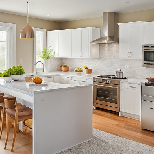 A bright, modern kitchen with sleek white cabinets, stainless steel appliances, and warm wood accents, showcasing a curved island with built-in sink and cooktop, amidst a narrow, galley-style layout.