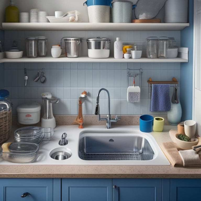 A tidy kitchen sink area with three to five under-sink storage bins of varying sizes and shapes, with some open to reveal organized kitchen utensils and cleaning supplies.