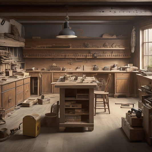 A well-organized workshop with a half-built cabinet in the center, surrounded by tools, measuring tapes, and woodworking machinery, with a subtle hint of sawdust and wood shavings on the floor.