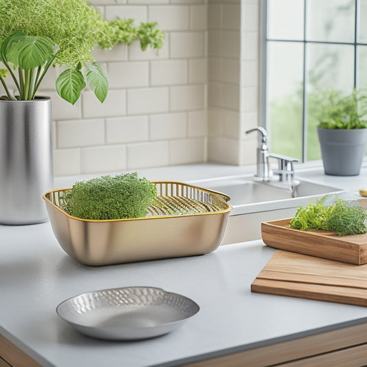 A sleek, modern dish drainer with geometric shapes, featuring stainless steel and bamboo elements, positioned beside a minimalist sink in a bright, airy kitchen adorned with potted herbs and contemporary cookware.