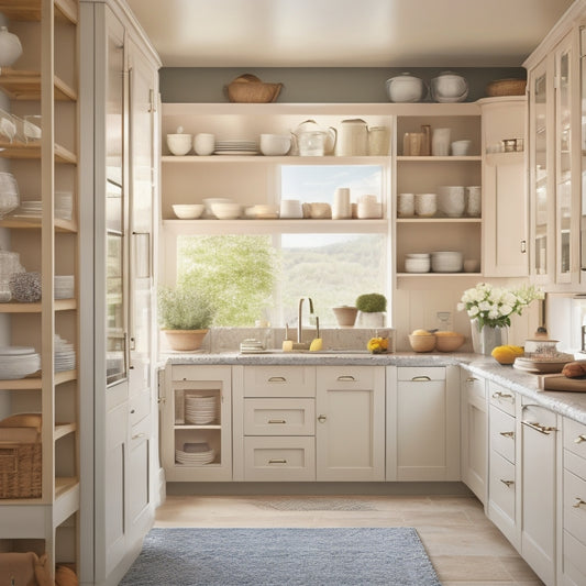 A cozy kitchen with neatly arranged cabinets, showcasing vertical dividers for plates, stackable containers, spice racks, and pull-out drawers, all in soft pastel colors, illuminated by warm, natural light filtering through a window.
