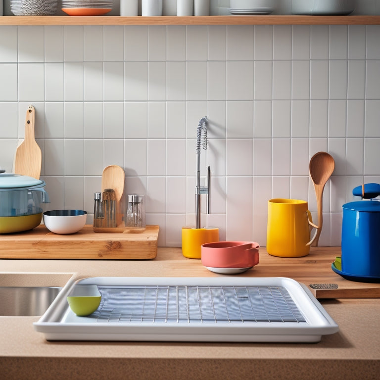 A modern kitchen featuring a sleek, bamboo dish drainer, vibrant silicone mats, and a minimalist stainless steel rack, all set against a backdrop of clean white countertops and colorful dishware.