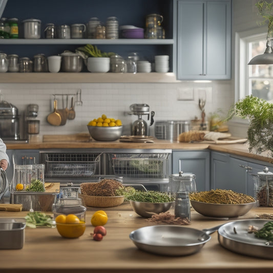 A busy kitchen with a chef efficiently prepping ingredients on a stainless steel counter, surrounded by organized utensils, a tidy spice rack, and a neatly labeled fridge with open shelves.