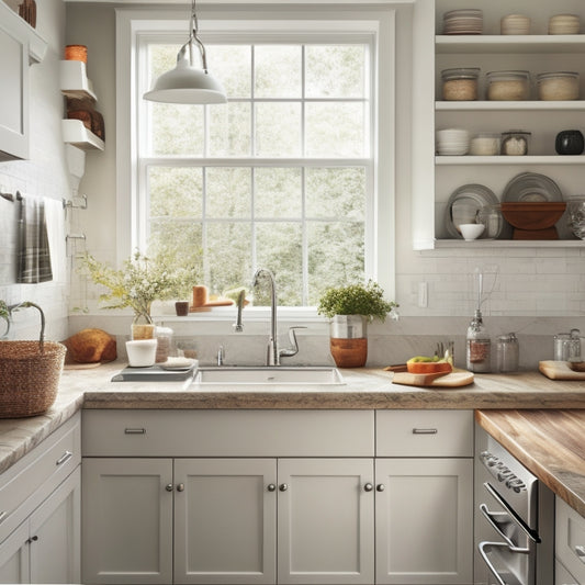 A tidy kitchen with white cabinets, stainless steel sink, and a large window in the background, featuring two wooden over-the-sink shelves with baskets, utensils, and cookbooks neatly organized.