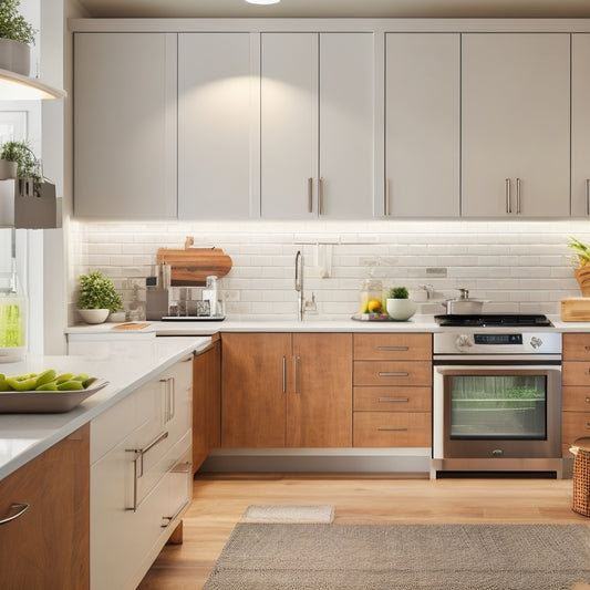A modern, sleek kitchen with white cabinets and stainless steel handles, featuring a pull-out shelf with a wooden cutting board and kitchen utensils, surrounded by warm ambient lighting.