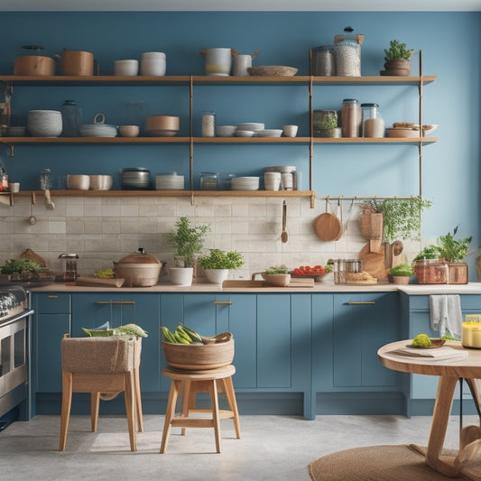 A modern kitchen with sleek, foldable shelves extending from a wall, showcasing vibrant spices and colorful cookware, soft natural light illuminating the space, highlighting ease of installation and practicality in a cozy, inviting atmosphere.