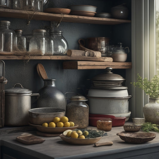 A cluttered kitchen shelf with stacked, worn-out cookbooks, dusty vintage jars, and tangled kitchen utensils, overshadowing a few hidden, sleek, modern appliances in the background.
