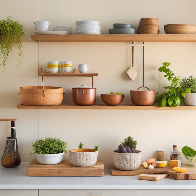 A modern, sleek kitchen with three rustic wooden floating shelves, varying in size, holding cookbooks, vintage kitchen utensils, and potted greenery, against a crisp white background.