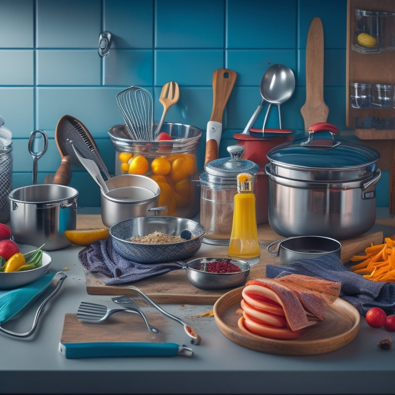 A cluttered kitchen counter with utensils scattered chaotically, with a jumbled mess of cooking tools, tangled cords, and overflowing containers, contrasted with a sleek, organized utensil holder in the background.