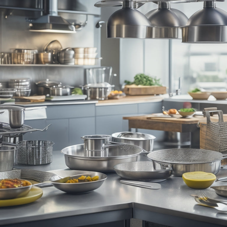 A bustling restaurant kitchen scene with a stainless steel worktable at center, surrounded by a chef's hat, sharp knives, a stand mixer, a commercial blender, and a utensil organizer filled with spoons and spatulas.