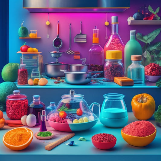 A vibrant, stylized illustration of a chef's laboratory, featuring various scientific equipment, colorful ingredients, and culinary creations, blending art and science in a mesmerizing visual harmony.