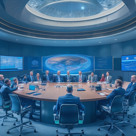 A futuristic, high-tech conference room with a large, curved screen displaying a virtual training environment, surrounded by regulators wearing VR headsets and holding tablets.