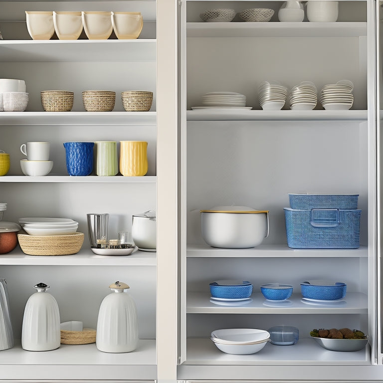 A beautifully organized kitchen cabinet showcasing sleek dishware, including stacked plates, neatly arranged bowls, and elegant glassware, all enhanced by practical dividers and trays, illuminated by soft, natural light filtering through an open door.