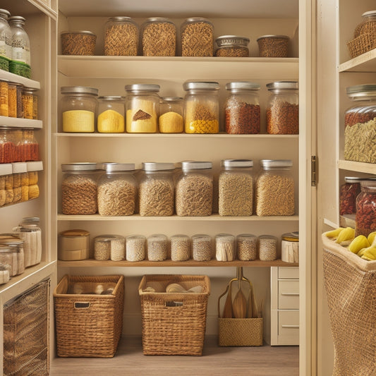 A tidy pantry with adjustable shelves, wicker baskets, and clear glass jars filled with labeled spices, canned goods, and baking supplies, illuminated by soft, warm lighting.