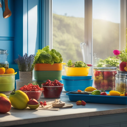 A vibrant kitchen scene featuring colorful stackable containers overflowing with fresh fruits and vegetables, arranged neatly on a countertop, surrounded by herbs and kitchen utensils, with natural sunlight streaming through a window.