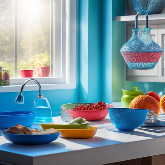 A vibrant kitchen scene featuring an array of stylish, affordable dish drainers in various materials and colors, neatly arranged on a countertop, with sunlight streaming through a window illuminating their innovative designs.