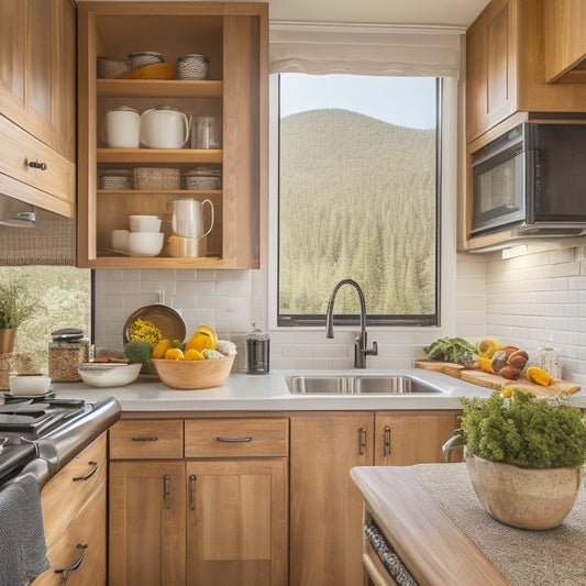 A cozy RV kitchen interior showcasing sleek adjustable shelf inserts in wooden cabinets, filled with neatly organized cookware, spices, and utensils, illuminated by warm, natural light filtering through a small window.