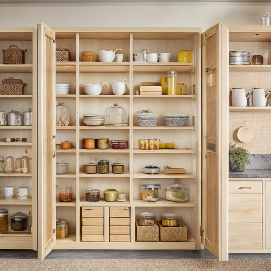 A modern, sleek pantry with soft-close, white pull-out shelves, each filled with neatly organized food items, cookbooks, and kitchen utensils, set against a warm, honey-toned wood backdrop.