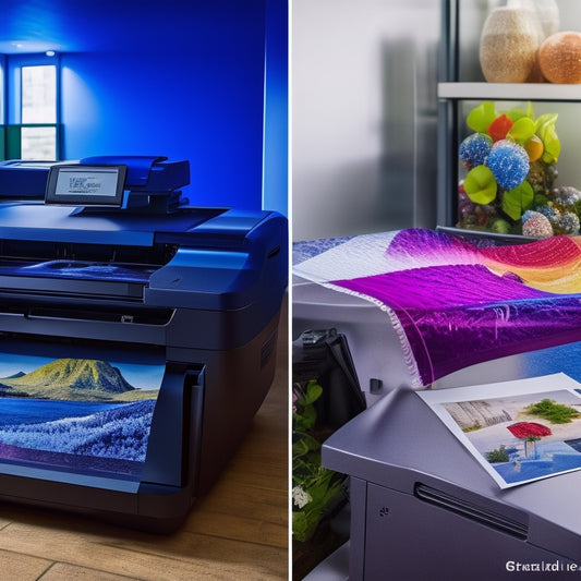 A split-screen image featuring a professional printer in a clean workspace on one side, and a variety of plastic materials with vibrant, precisely printed designs on the other.