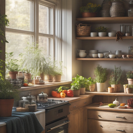 A cozy small kitchen with sleek, multi-tiered shelf inserts displaying colorful spices, neatly arranged dishware, and vibrant potted herbs, all illuminated by warm, natural light streaming through a window.