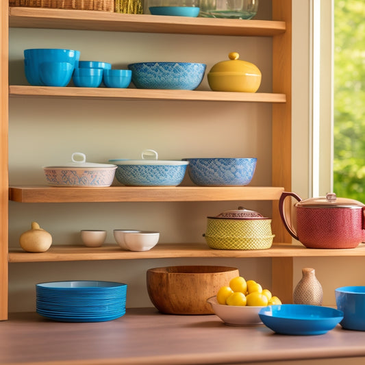 A stylish kitchen featuring a wooden Lazy Susan cabinet organizer filled with vibrant dishware; plates, bowls, and mugs artfully arranged. Soft natural light filters through, highlighting the smooth finishes and inviting colors.