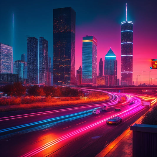 A futuristic Mesa cityscape at dusk with sleek skyscrapers and neon lights, featuring a large, glowing blue license plate with a subtle grid pattern in the foreground.
