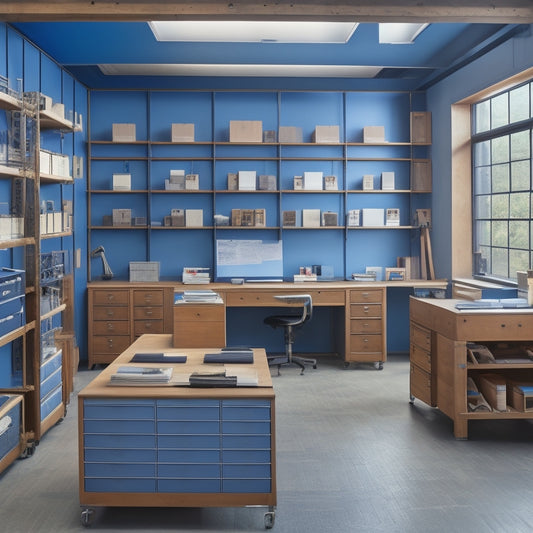 A modern, sleek, and organized workshop with rows of metal cabinets, open drawers displaying rolls of blueprints, and a large wooden desk in the center with a few scattered papers and a pencil holder.
