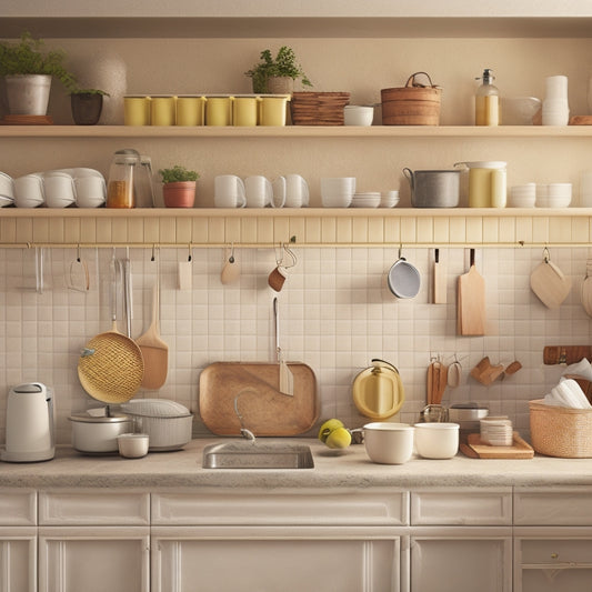 Generate an image of a tidy kitchen with a mix of open and closed cabinets, labeled baskets, and a pegboard with hanging utensils, set against a soft, creamy background.
