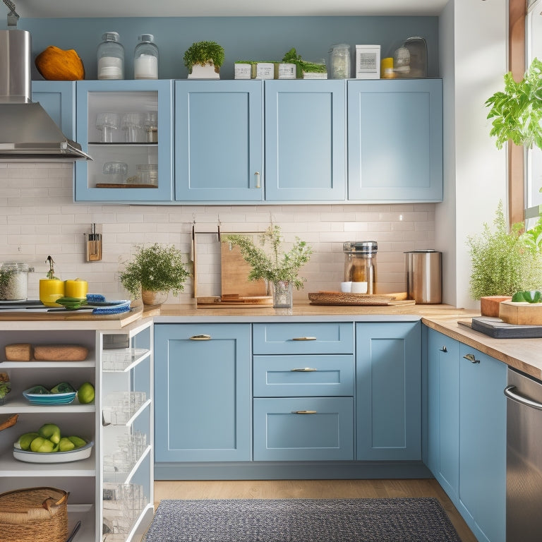 A tidy, compact kitchen with a small wooden table, a few colorful meal prep containers, and a stainless steel refrigerator in the background, with a few fresh herbs on the counter.