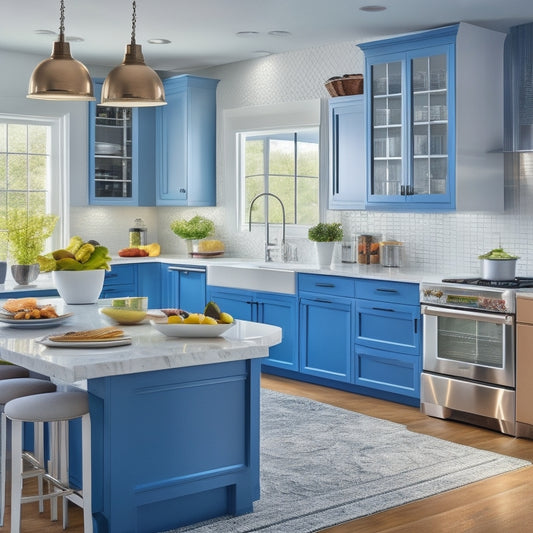 A bright, modern kitchen with sleek countertops, stainless steel appliances, and a large island in the center, featuring a utensil organizer, a knife block, and a few strategically placed pots and pans.