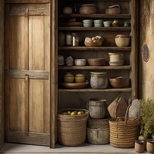 A rustic wooden pantry door with distressed finishes, adorned with vintage-inspired metal signs, woven baskets, and ceramic jars, featuring a mix of earthy tones and pastel hues.