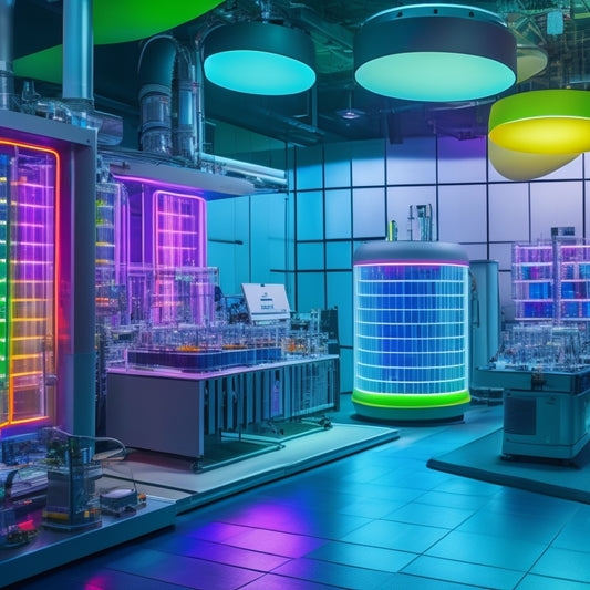 A futuristic laboratory setting with rows of sleek, high-tech equipment and a large, circular printer in the center, surrounded by colorful tubes and wires, with a subtle glow of LED lights.