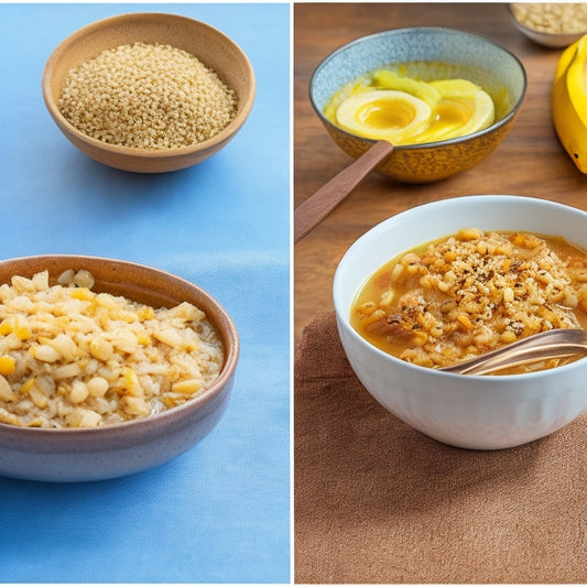 A split-screen image featuring a steaming hot bowl of brown rice on one side, garnished with a few sesame seeds and a sprinkle of chopped scallions, and a warm, golden-brown bowl of oatmeal on the other, topped with a sliced banana and a drizzle of honey.