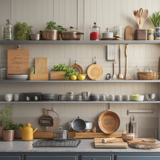 A serene, well-organized kitchen with a few, carefully selected cookbooks on a minimalist shelf, a utensil organizer on the counter, and a few, neatly arranged pots and pans hanging from a pegboard.
