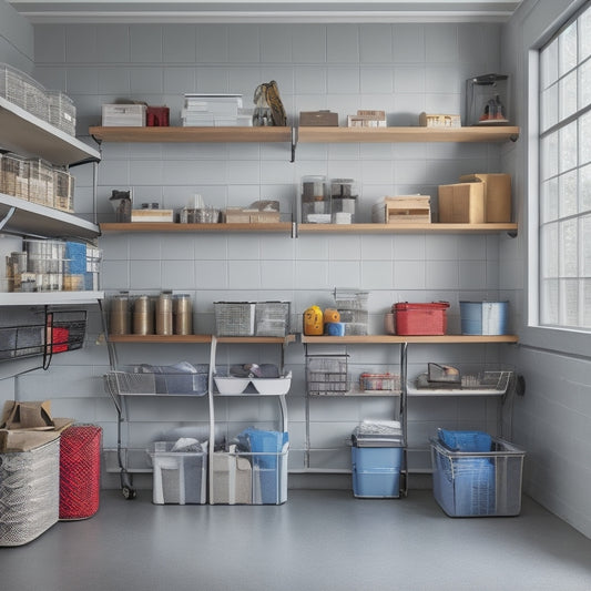 A clutter-free garage with a sleek, silver metal shelving unit, holding labeled plastic bins and a few curated tools, against a clean, gray concrete backdrop, with warm, natural light filtering in.