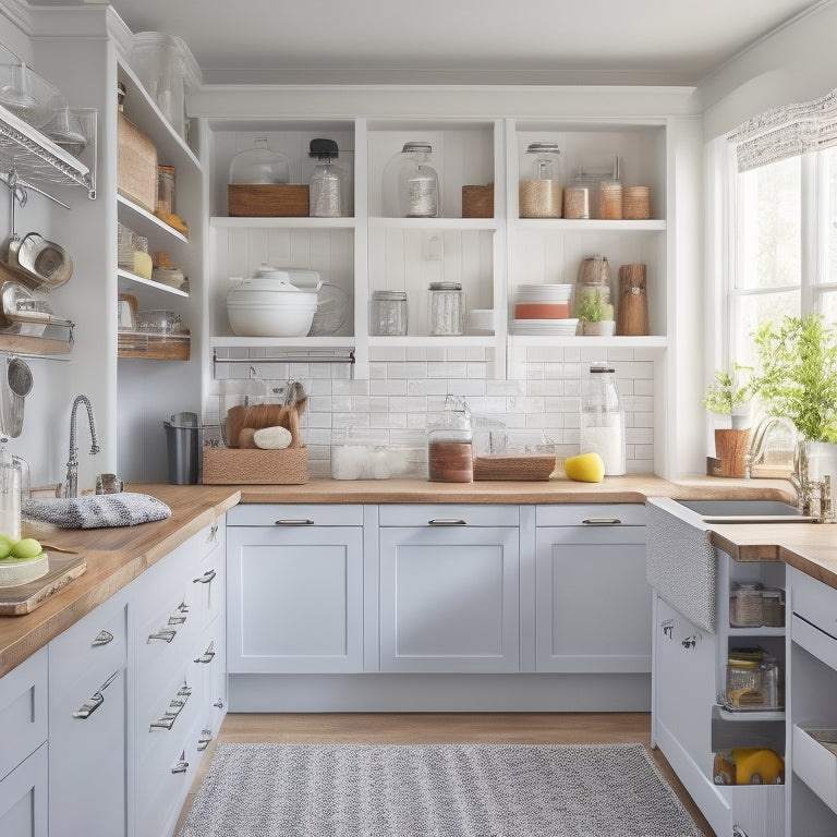 A well-organized kitchen featuring vertical shelves with labeled jars, pull-out drawers for pots and pans, a magnetic knife strip, and under-sink storage bins, all bathed in warm, inviting light.