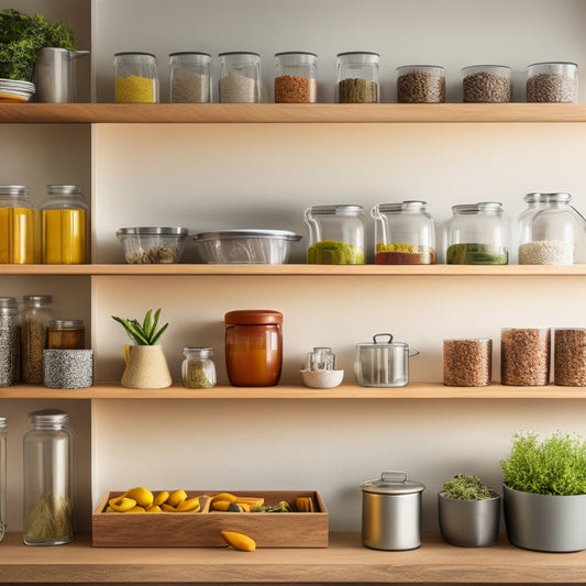 A modern apartment kitchen with sleek adjustable shelf inserts, showcasing organized spices, glass jars, and colorful dishes. Soft lighting highlights the wood texture of the shelves against a minimalist backdrop.