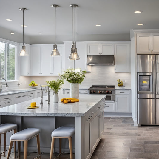 A bright, modern kitchen with sleek white cabinets, gray quartz countertops, and stainless steel appliances, featuring a large island with a built-in cooktop and pendant lights above.