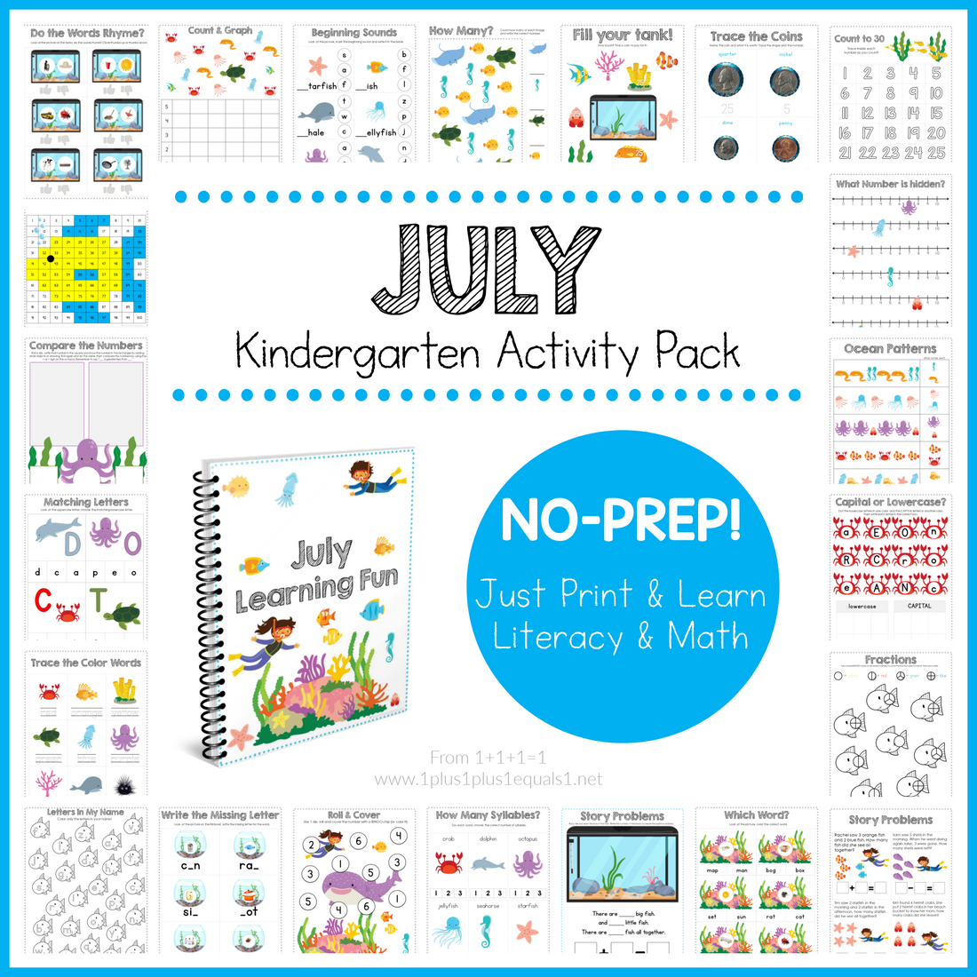 Ocean Theme Kindergarten No Prep Activity Pack for July