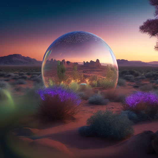 A serene, iridescent dome encases a lush, vibrant ecosystem on a barren, rust-red planet, with towering crystal spires and winding, bioluminescent vines illuminated by a soft, ethereal glow.